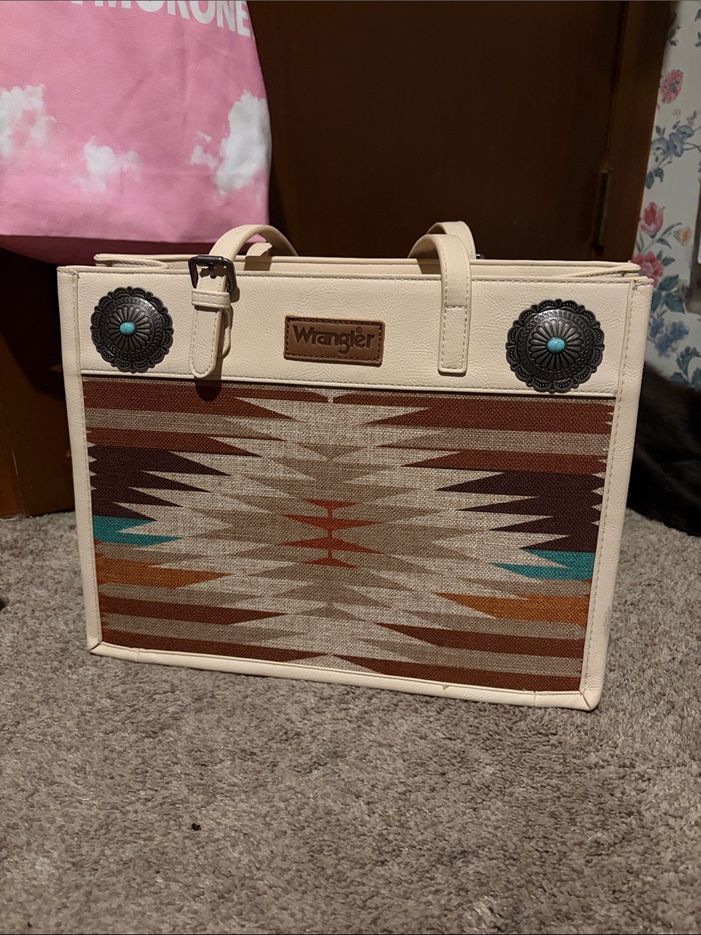 Wrangler Cream Tote with Southwestern Aztec Weave and Turquoise Studs